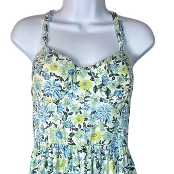 No Boundaries Juniors Crochet Back Blue Floral Cottagecore Flare Mini Dress Sz L - Picture 3 of 7